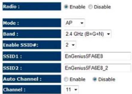 Radio : Enable Disable Mode : AP Band : 2.4 GHz (B+G+N) Enable SSID#: 2 SSID1 : EnGenius5FA6E8 SSID2 : EnGenius5FA6E8_2 Auto Channel : Enable Disable Channel : 11