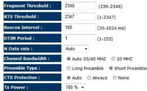 Fragment Threshold : 2346 (256-2346) RTS Threshold : 2347 (1-2347) Beacon Interval : 100 (20-1024 ms) DTIM Period : 1 (1-255) N Data rate : Auto Channel Bandwidth : ● Auto 20/40 MHZ ○ 20 MHZ Preamble Type : ○ Long Preamble ● Short Preamble CTS Protection : ● Auto ○ Always ○ None Tx Power : 100 % ▼