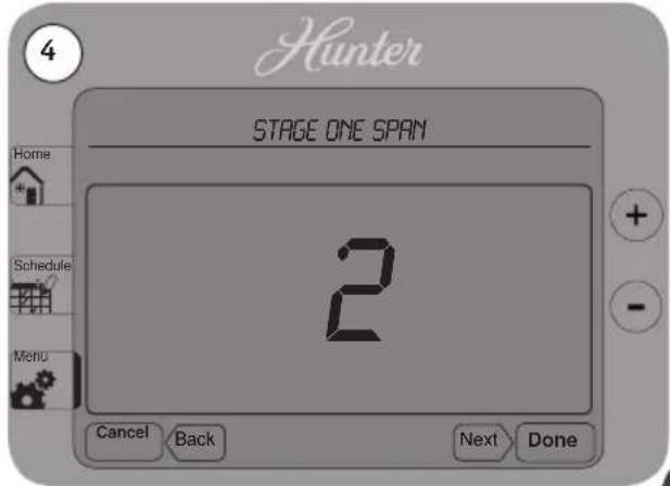 Hunter STAGE ONE SPAN Home Schedule Menu 2 Cancel Back Next Done
