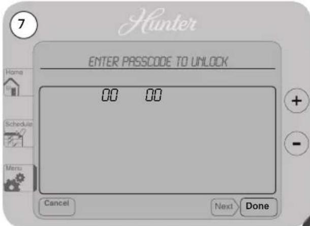 Hunter ENTER PASSCODE TO UNLOCK 00 00 Cancel Next Done