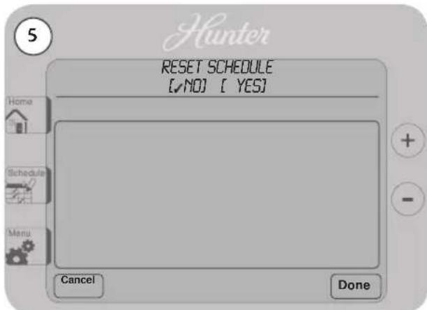 5 Hunter RESET SCHEDULE [✓NO] [ YES] Home Schedule Menu Cancel Done