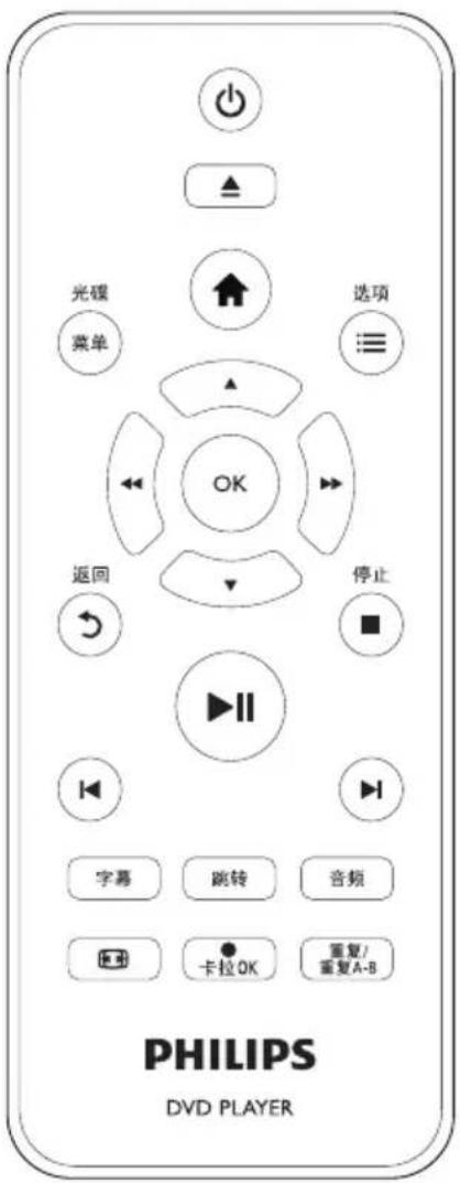 光碟 菜单 选项 OK 返回 停止 字幕 跳转 音频 卡拉OK 重复/重复A-B PHILIPS DVD PLAYER