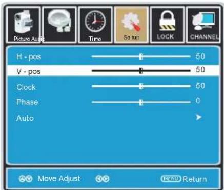 H - pos V - pos Clock Phase Auto 50 50 50 0 Move Adjust Micro Return