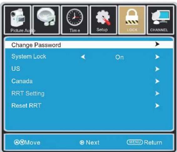 Picture Audio Time Setup LOCK CHANNEL Change Password System Lock On US Canada RRT Setting Reset RRT Move Next MENU Return