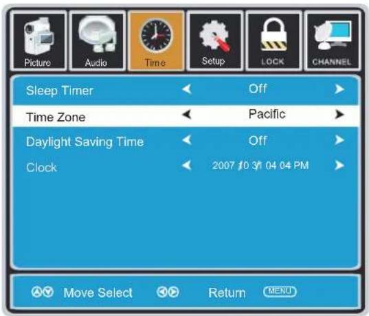 Picture Audio Time Setup LOCK CHANNEL Sleep Timer Off Time Zone Pacific Daylight Saving Time Off Clock 2007 10 31 04 04 PM Move Select Return MENU