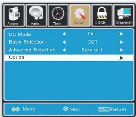 Picture Audio Time Setup LOCK CHANNEL CC Mode On Basic Selection CC1 Advanced Selection Service 1 Option Move Next NEW Return