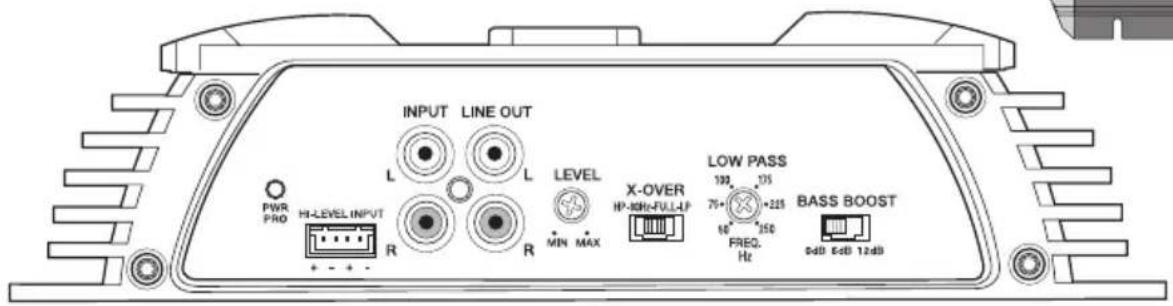 INPUT LINE OUT L L PWR PRO HI-LEVEL INPUT R R LEVEL MIN MAX X-OVER HP-1GHz-FULL-UP LOW PASS 100 205 76+ 225 60 350 FREQ. Hz BASS BOOST 640 640 1240