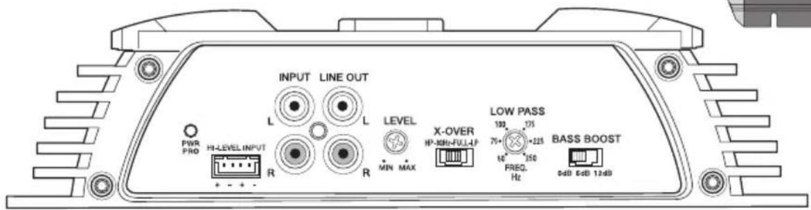 INPUT LINE OUT L L PWR PRO HI-LEVEL INPUT R R LEVEL X-OVER LOW PASS BASS BOOST HP-INH-FULL-UP 102 375 76+ +225 FREQ. 150 Hz 0dB 0dB 12dB