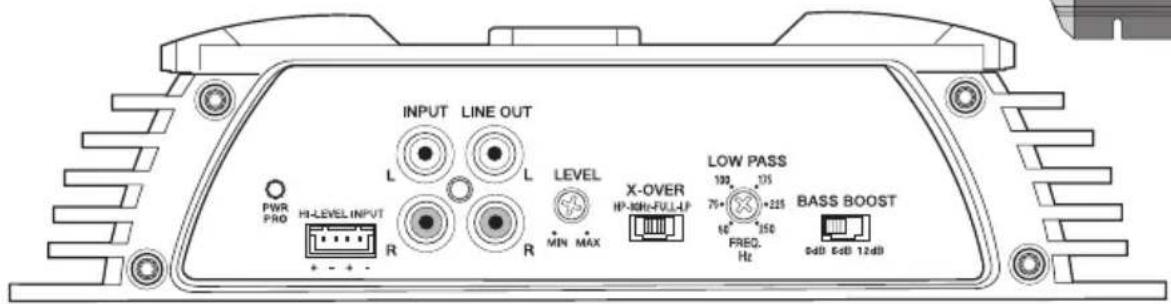 INPUT LINE OUT L L PWR PRO HI-LEVEL INPUT R R LEVEL MIN MAX X-OVER HP-INH-FULL-UP LOW PASS 102 375 76+ +225 FREQ. Hz BASS BOOST 0dB 6dB 12dB