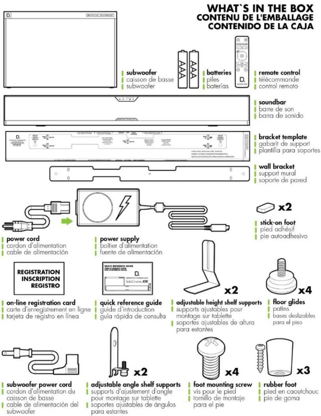 WHAT'S IN THE BOX CONTENU DE L'EMBALLAGE CONTENIDO DE LA CAJA definitive technology subwoofer caisson de basse subwoofer batteries piles baterías remote control télécommande control remoto soundbar barre de son barra de sonido bracket template gabarit de support plantilla para soportes wall bracket support mural soporte de pared x2 stick-on foot pied adhésif pie autoadhesivo power cord cordon d'alimentation cable de alimentación power supply boîtier d'alimentation fuente de alimentación x2 x4 REGISTRATION INScription REGISTRO on-line registration card carte d'enregistrement en ligne tarjeta de registro en línea quick reference guide guide d'introduction guía rápida de consulta adjustable height shelf supports supports ajustables pour montage sur tablette soportes ajustables de altura para estantes floor glides patins bases deslizables para el piso x2 subwoofer power cord cordon d'alimentation du caisson de basse cable de alimentación del subwoofer adjustable angle shelf supports supports d'ajustement d'angle pour montage sur tablette soportes ajustables de ángulos para estantes foot mounting screw vis pour le pied tornillo de montaje para el pie rubber foot pied en caoutchouc pie de goma