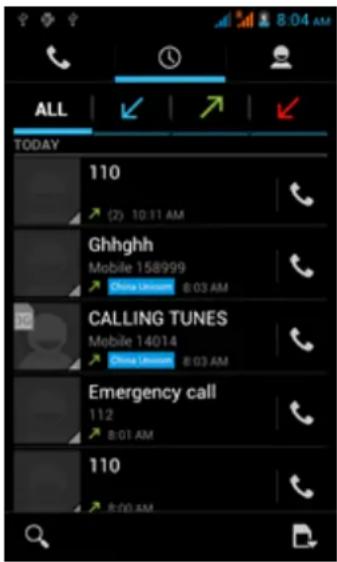 ALL TODAY 110 (2) 10:11 AM Ghhghh Mobile 158999 China Unicom 8:03 AM CALLING TUNES Mobile 14014 China Unicom 8:03 AM Emergency call 112 8:01 AM 110 8:00 AM