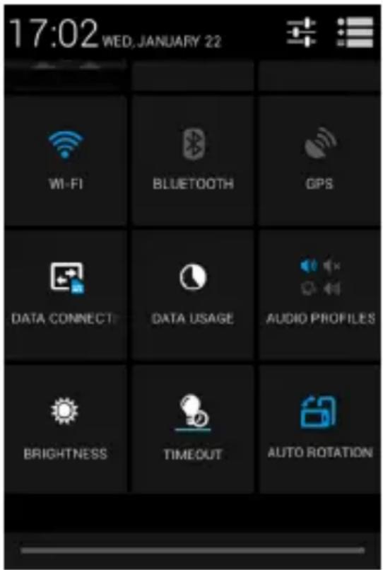 17:02 WED. JANUARY 22 Wi-Fi BLUETOOTH GPS DATA CONNECT DATA USAGE AUDIO PROFILES BRIGHTNESS TIMEOUT AUTO ROTATION