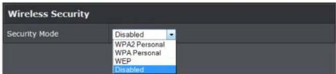 Wireless Security Security Mode Disabled WPA2 Personal WPA Personal WEP Disabled