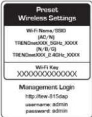 Preset Wireless Settings WiFi Name/SSID (AC/N) TRENDSXXX_5GHz_XXXX (N/B/G) TRENDSXXX_2.4GHz_XXXX WiFi Key XXXXXXXXXXXX Management Login http://tw-815dap username: admin password: admin