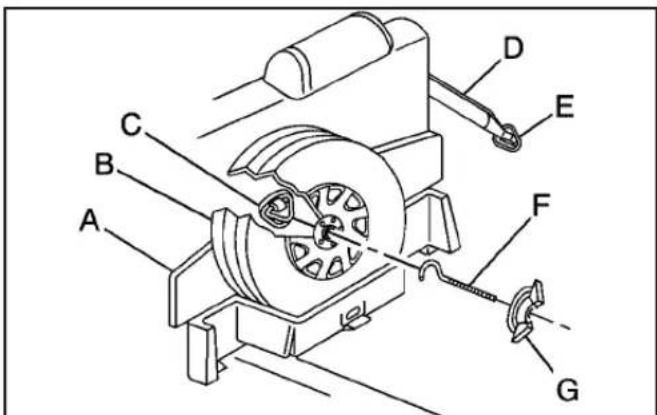 Technical diagram of a mechanical device with labeled parts A through G
