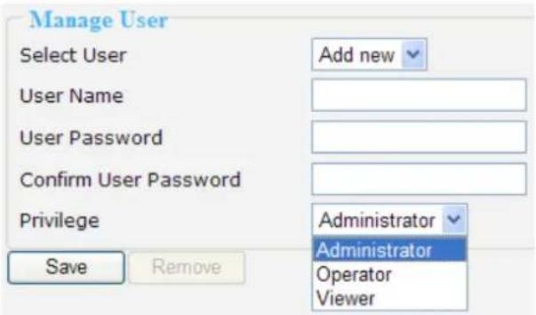 Manage User Select User Add new User Name User Password Confirm User Password Privilege Administrator Administrator Operator Viewer Save Remove