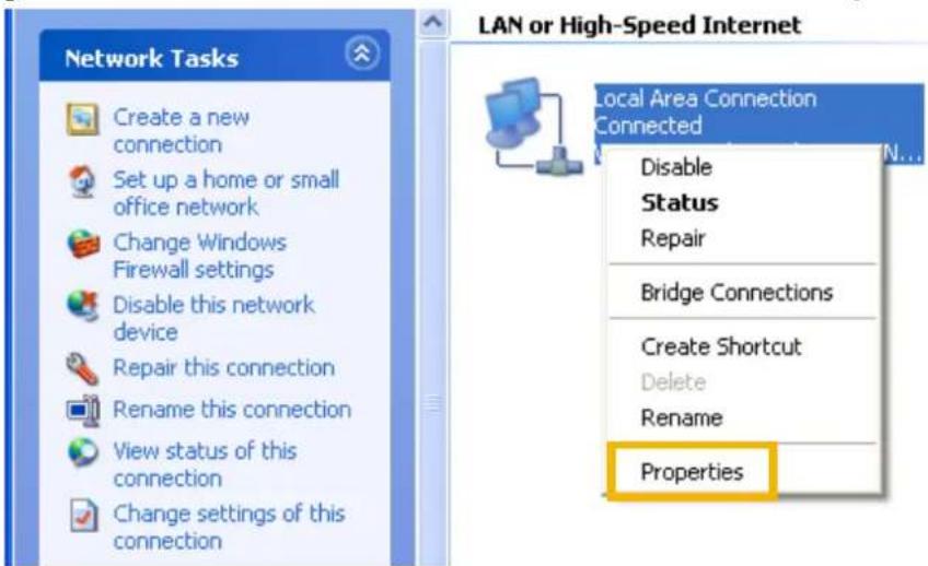 Network Tasks Create a new connection Set up a home or small office network Change Windows Firewall settings Disable this network device Repair this connection Rename this connection View status of this connection Change settings of this connection LAN or High-Speed Internet Local Area Connection Connected Disable Status Repair Bridge Connections Create Shortcut Delete Rename Properties