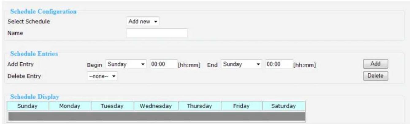 Schedule Configuration Select Schedule Add new ▼ Name Schedule Entries Add Entry Begin Sunday 00:00 [hh:mm] End Sunday 00:00 [hh:mm] Delete Entry --none-- ▼ Schedule Display Sunday Monday Tuesday Wednesday Thursday Friday Saturday