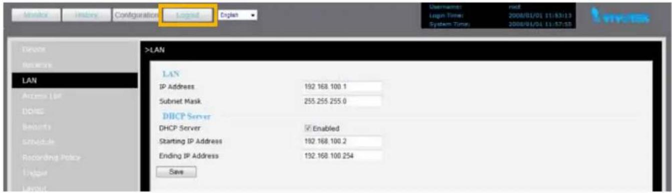 Monitor History Configuration Layout Explanation Username: Login Time: System Time: 2008/01/01 11:53:13 2008/01/01 11:57:59 LAN Access List DHCE Balance Schedule Recording Update Linkage LogRate LAN IP Address 192 168.100.1 Subnet Mask 255.255.255.0 DHCP Server DHCP Server Enabled Starting IP Address 192 168.100.2 Ending IP Address 192 168.100.254 Save
