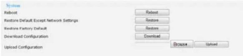 Systems Reboot Restore Default Except Network Settings Restore Factory Default Download Configuration Upload Configuration Reboot Restore Restore Download Browse... Uploaded
