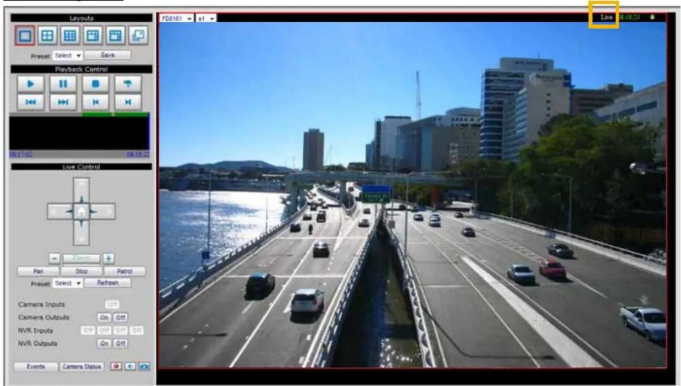 Layouts Preset Select Save Playback Control Live Control Pan Stop Patrol Preset Select Refresh Camera Inputs Camera Outputs On Off NVR Inputs On Off On NVR Outputs On Off Events Camera Status Live F00161 91 Live