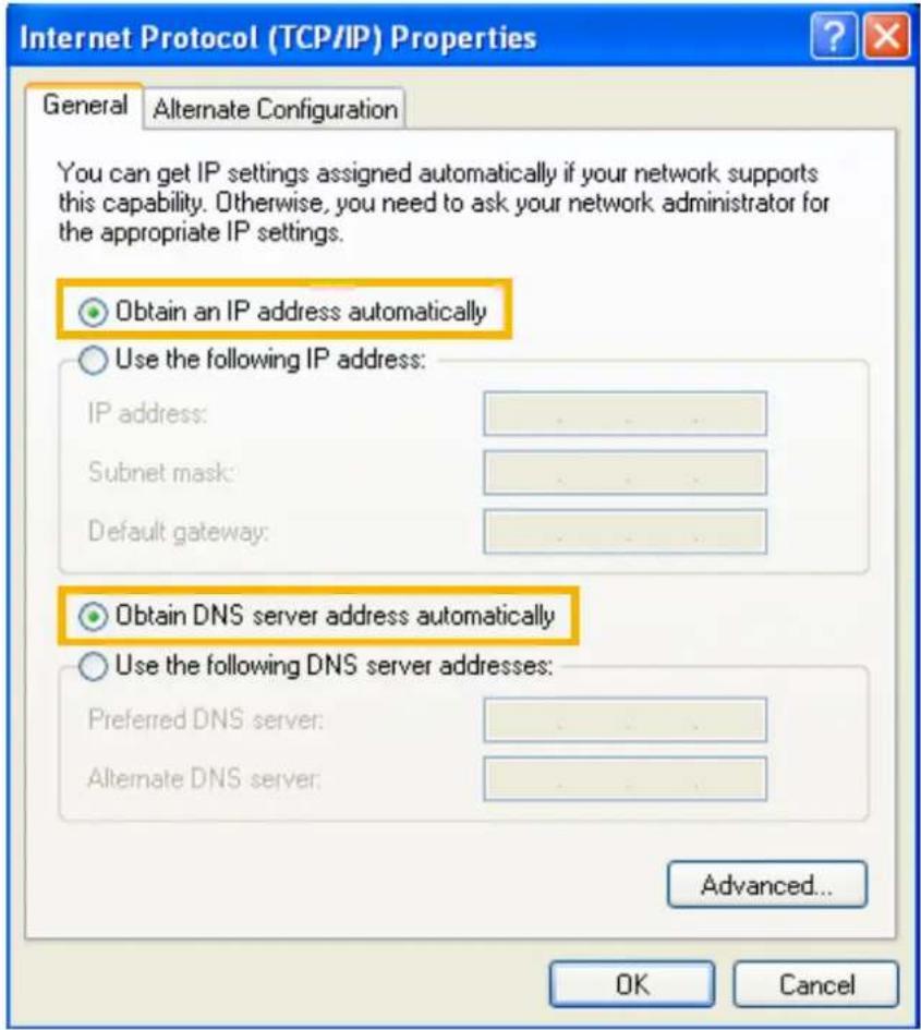 Internet Protocol (TCP/IP) Properties General Alternate Configuration You can get IP settings assigned automatically if your network supports this capability. Otherwise, you need to ask your network administrator for the appropriate IP settings. Obtain an IP address automatically Use the following IP address: IP address: Subnet mask: Default gateway: Obtain DNS server address automatically Use the following DNS server addresses: Preferred DNS server: Alternate DNS server: Advanced... OK Cancel
