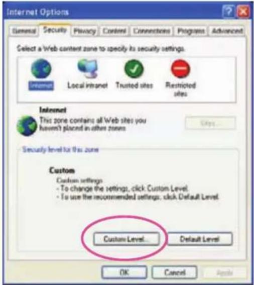 Internet Options General Security Privacy Control Connections Programs Advanced Select a Web content zone to specify its security settings. Internet Local Intranet Trusted sites Restricted sites Internet This zone contains all Web sites you haven't placed in other zones Security level for this zone Custom Custom settings - To change the settings, click Custom Level. - To use the recommended settings, click Default Level. Custom Level... Default Level OK Cancel Apply