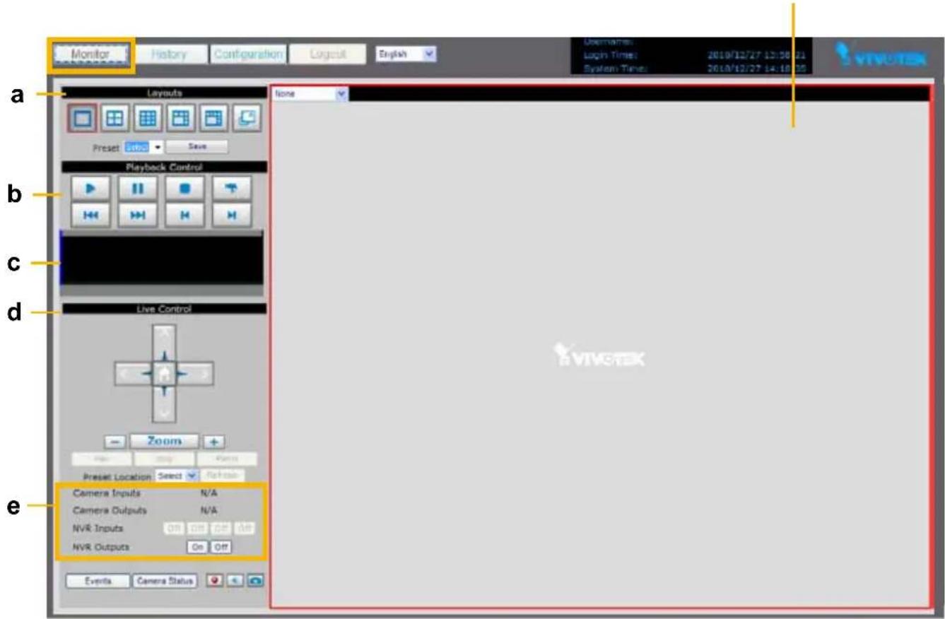 Monitor History Configuration Layout English Username: Login Times: 2019/12/27 12:58:31 System Times: 2019/12/27 14:18:35 a Layouts None Preset Save Playback Control b c d Live Control Zoom + File Copy Format Preset Location Select Release Camera Inputs N/A Camera Outputs N/A NVR Inputs Off Off Off NVR Outputs On Off e Eventa Camera Status