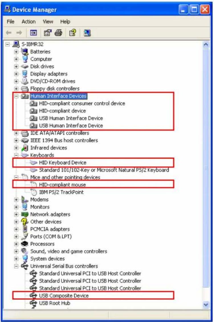 Device Manager File Action View Help S-IBMR32 + Batteries + Computer + Disk drives + Display adapters + DVD/CD-ROM drives + Floppy disk controllers Human Interface Devices HID-compliant consumer control device HID-compliant device USB Human Interface Device USB Human Interface Device + IDE ATA/ATAPI controllers + IEEE 1394 Bus host controllers + Infrared devices + Keyboards HID Keyboard Device Standard 101/102-Key or Microsoft Natural PS/2 Keyboard Mice and other pointing devices HID-compliant mouse IBM PS/2 TrackPoint + Modems + Monitors + Network adapters + Other devices + PCMCIA adapters + Ports (COM & LPT) + Processors + Sound, video and game controllers + System devices + Universal Serial Bus controllers Standard Universal PCI to USB Host Controller Standard Universal PCI to USB Host Controller Standard Universal PCI to USB Host Controller USB Composite Device USB Root Hub