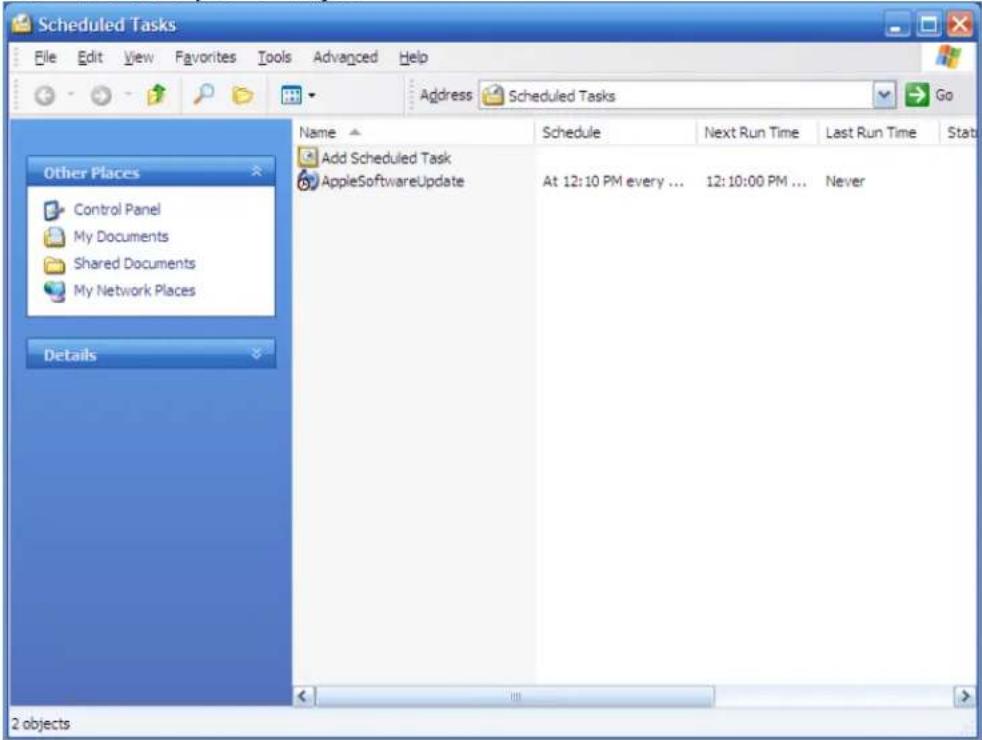 Scheduled Tasks File Edit View Favorites Tools Advanced Help Address Scheduled Tasks Go Name Schedule Next Run Time Last Run Time Stat Add Scheduled Task AppleSoftwareUpdate At 12:10 PM every ... 12:10:00 PM ... Never Other Places Control Panel My Documents Shared Documents My Network Places Details 2 objects