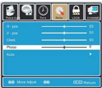 Picture Audio Time Set up LOCK CHANNEL H - pos 50 V - pos 50 Clock 50 Phase 0 Auto Move Adjust Return