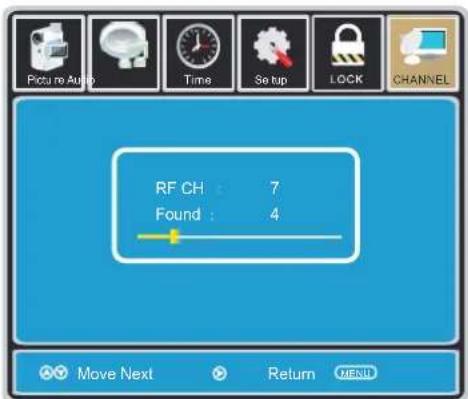 Picture Audio Time Set up LOCK CHANNEL RF CH : 7 Found : 4 Move Next Return END