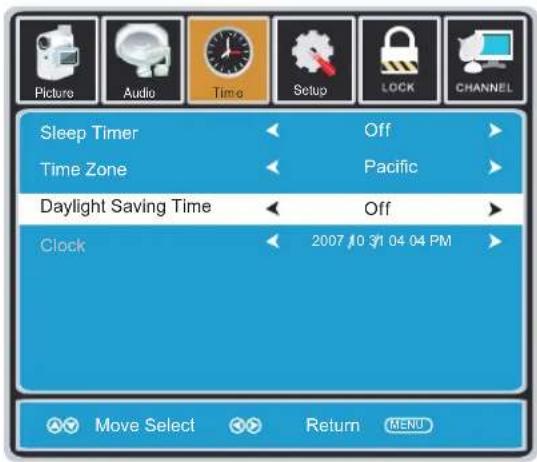 Picture Audio Time Setup LOCK CHANNEL Sleep Timer Off Time Zone Pacific Daylight Saving Time Off Clock 2007 10 31 04 04 PM Move Select Return MENU