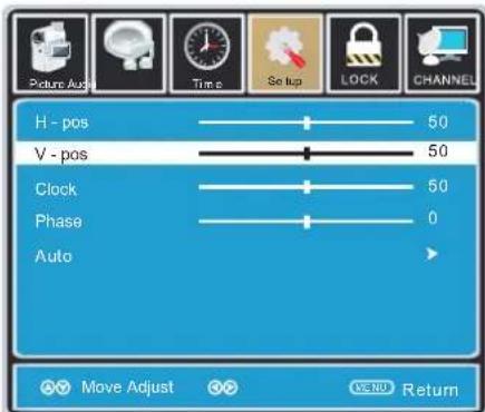 Picture Adj Time Setup LOCK CHANNEL H - pos 50 V - pos 50 Clock 50 Phase 0 Auto Move Adjust OK Return