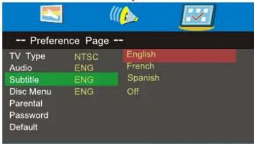 -- Preference Page -- TV Type NTSC English Audio ENG French Subtitle ENG Spanish Disc Menu ENG Off Parental Password Default