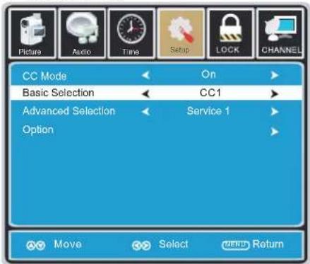 Picture Audio Time Setup LOCK CHANNEL CC Mode On Basic Selection CC1 Advanced Selection Service 1 Option Move Select MERT Return