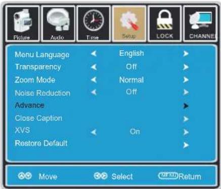 Picture Audio Time Setup LOCK CHANNEL Menu Language English Transparency Off Zoom Mode Normal Noise Reduction Off Advance Close Caption XVS On Restore Default Move Select 2FRO Return