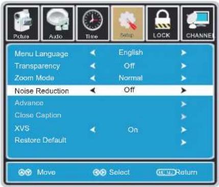 Picture Audio Time Setup LOCK CHANNEL Menu Language English Transparency Off Zoom Mode Normal Noise Reduction Off Advance Close Caption XVS On Restore Default Move Select 0.10 Return