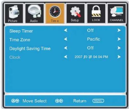 Picture Audio Time Setup LOCK CHANNEL Sleep Timer Off Time Zone Pacific Daylight Saving Time Off Clock 2007 10 3/1 04 04 PM Move Select Return MENU