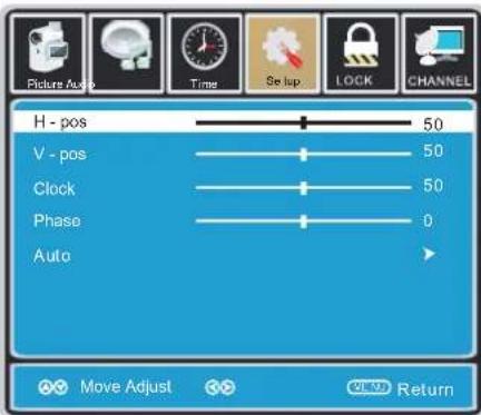 H - pos 50 V - pos 50 Clock 50 Phase 0 Auto Move Adjust Return