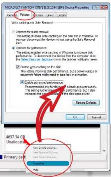 MICRONET FANTOM DRIVE IEEE 1394 SBP2 Device Properties General Policies Volumes Driver Details Wise caching and Safe Removal ○ Optimize for quick removal This setting disables write caching on the disk and in Windows, so you can disconnect this device without using the Safe Removal icon. ○ Optimize…