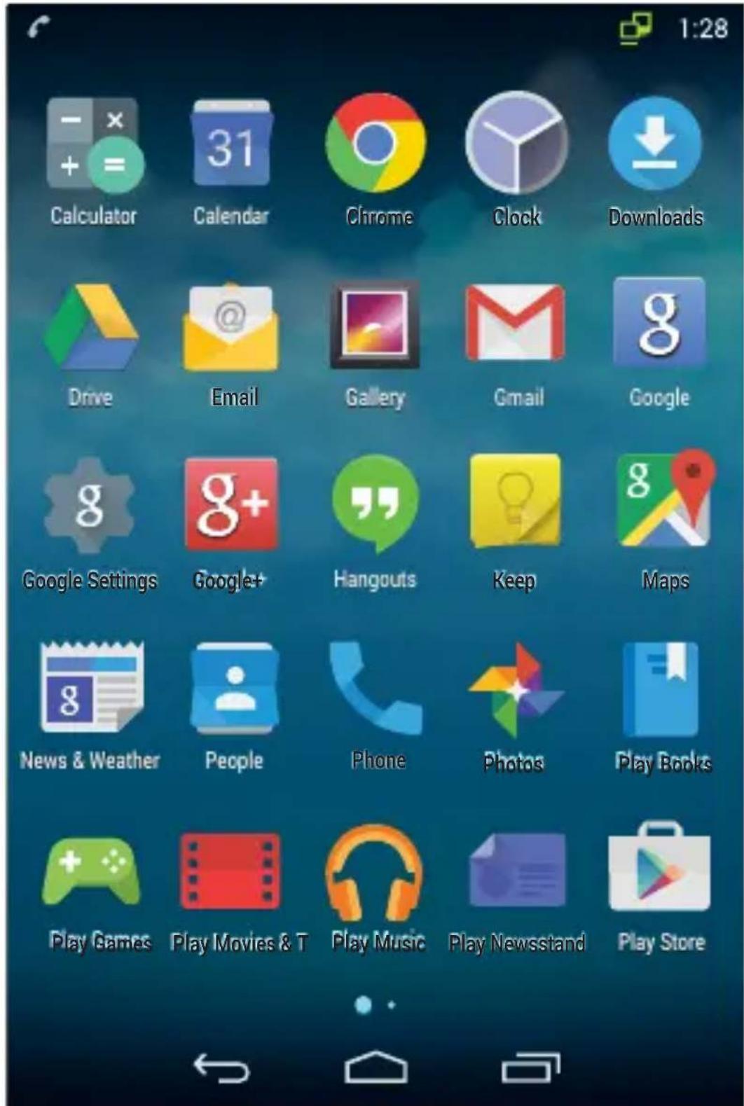 Calculator Calendar Chrome Clock Downloads Drive Email Gallery Gmail Google Google Settings Google+ Hangouts Keep Maps News & Weather People Phone Photos Play Books Play Games Play Movies & T Play Music Play Newsstand Play Store