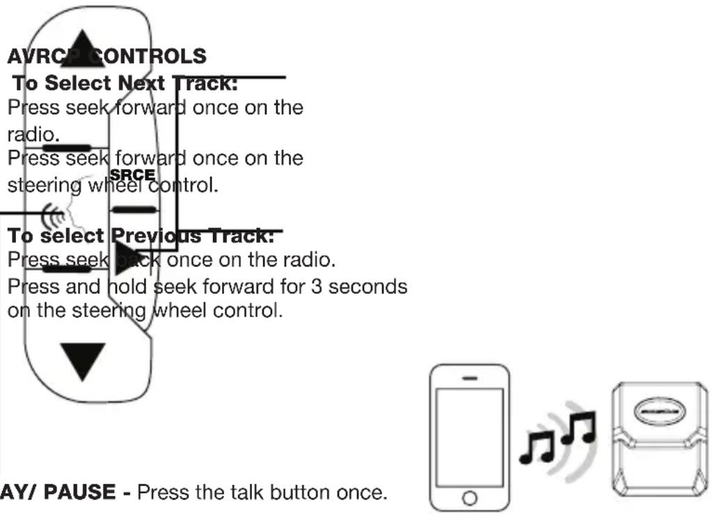 AVRC/CONTROLS To Select Next Track: Press seek forward once on the radio. Press seek forward once on the steering wheel control. SRCE To select Previous Track: Press seek back once on the radio. Press and hold seek forward for 3 seconds on the steering wheel control. AY/ PAUSE - Press the talk button once.