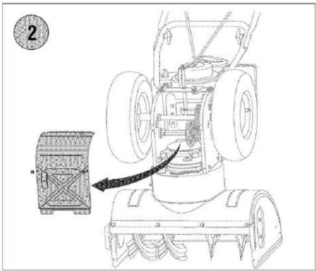 Technical diagram of a tracked tractor with labeled parts and an inset showing a component detail