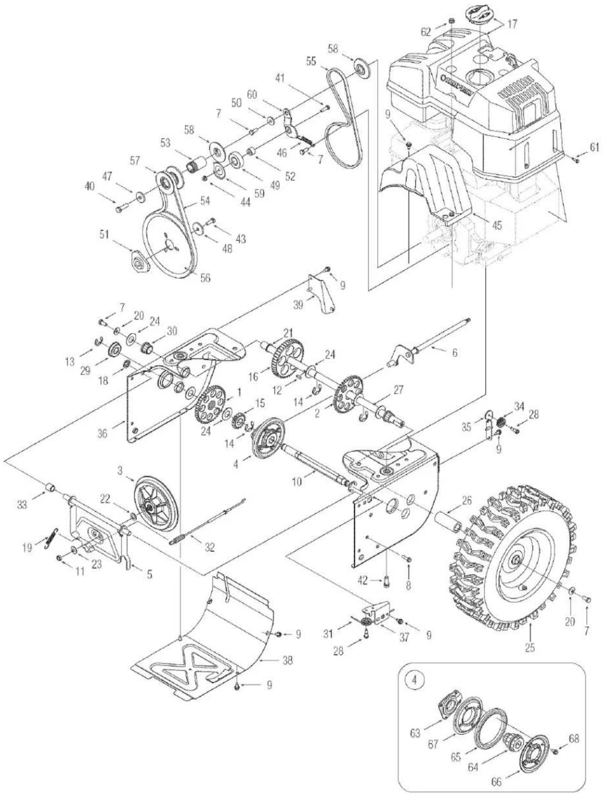 Exploded view diagram of a mechanical assembly with numbered parts and exploded views