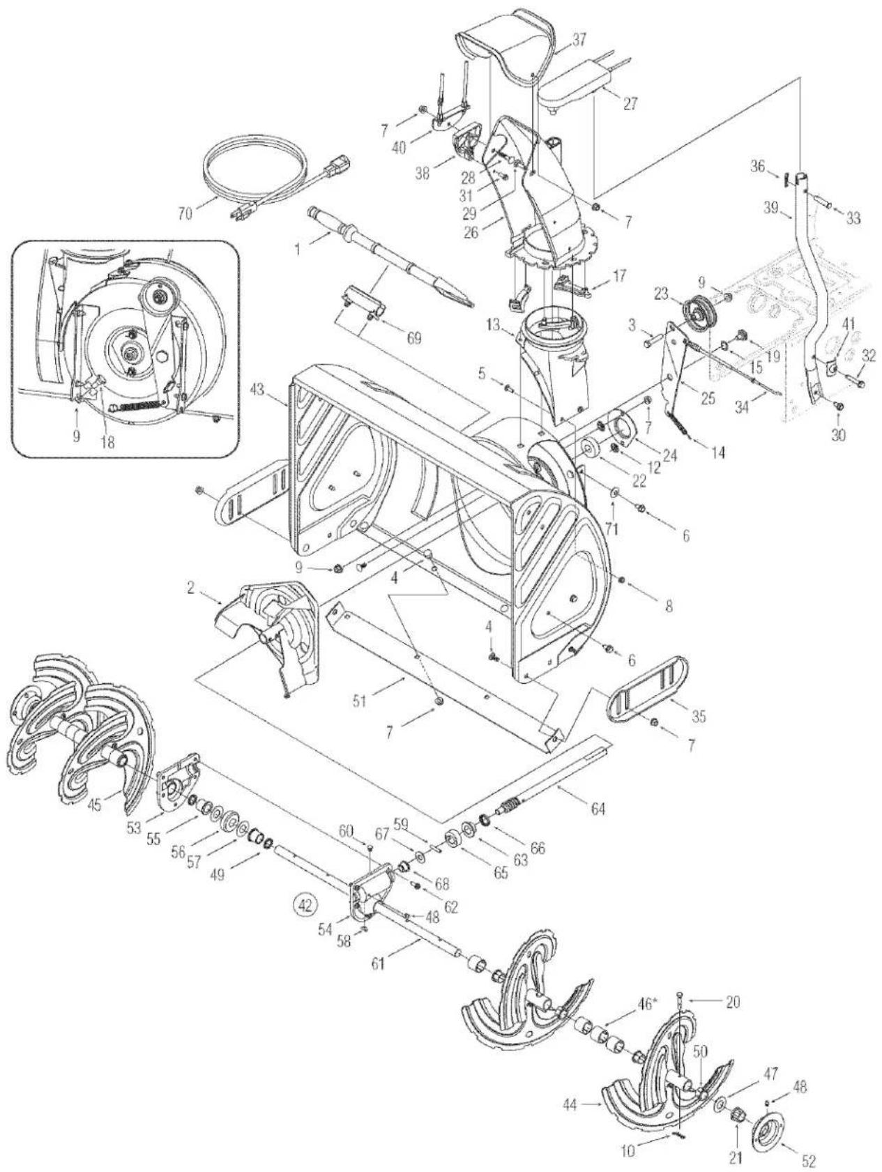 Technical diagram of a mechanical assembly with numbered components and exploded view, including parts like gears, springs, and housing.