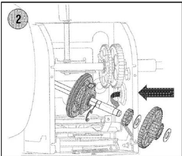 Technical diagram of a mechanical assembly with labeled components and directional arrows indicating motion or movement.