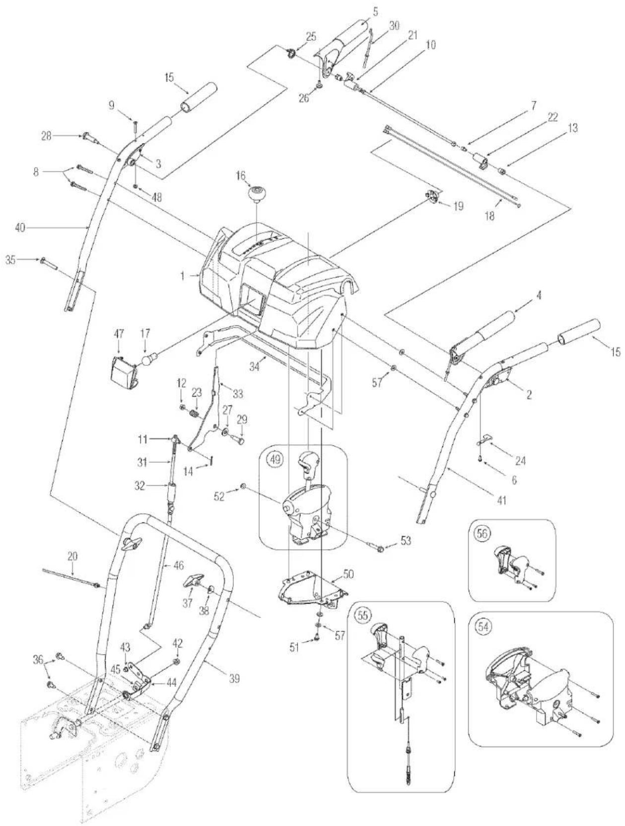 Technical diagram of a mechanical assembly with numbered components and exploded views