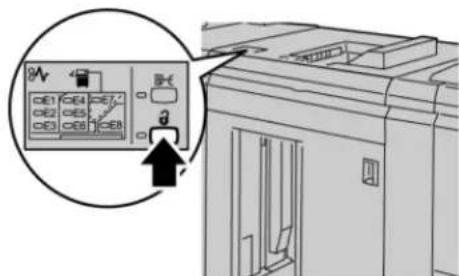 Diagram showing a device control panel with labeled buttons and an arrow pointing to the button, alongside a technical illustration of a printer or printer.