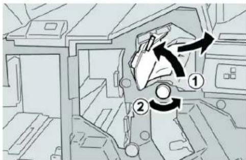 Diagram showing mechanical assembly with numbered components and directional arrows indicating motion or movement